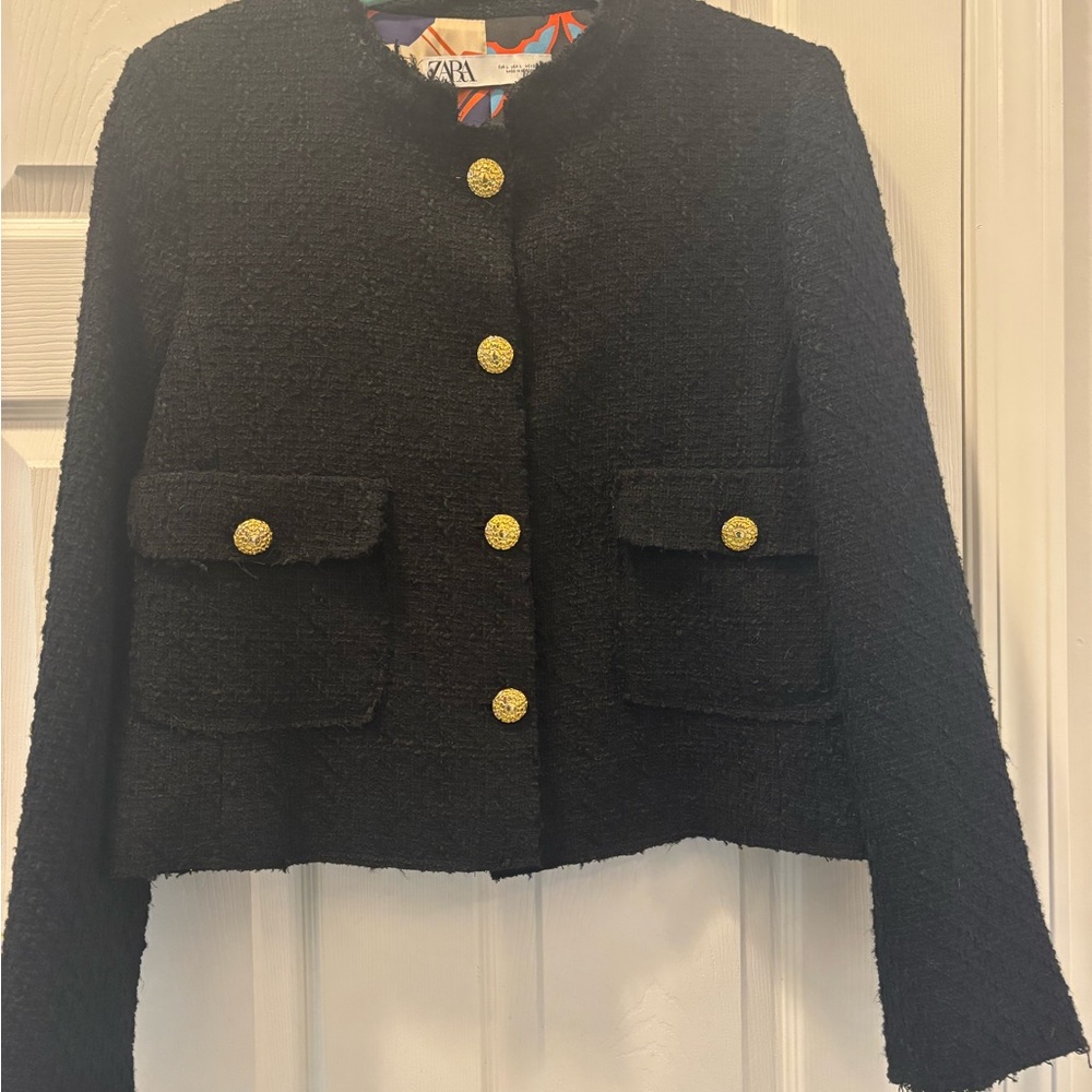 ZARA Black Bouclé Cropped Jacket with Gold Buttons